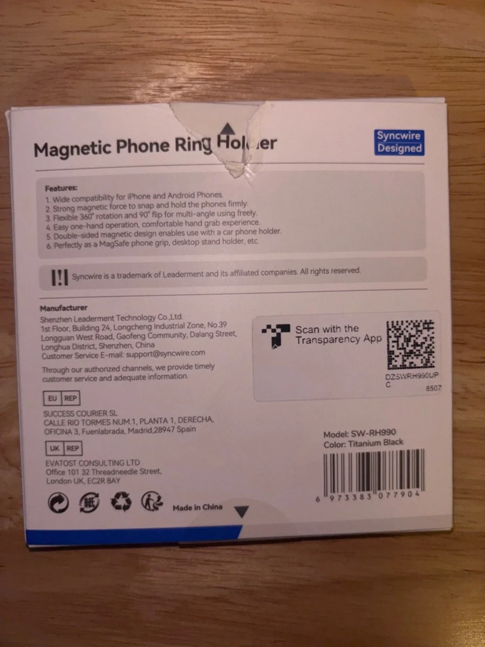 Syncwire Black Magnetic iPhone Ring Holder with Rotating Kickstand, NIB